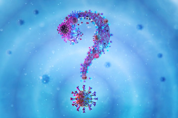 Coronavirus COVID-19 infection 3D question mark illustration. Floating pathogen respiratory influenza covid19 corona virus cells. Coronavirus pandemic crisis FAQ, what to do tips questions background