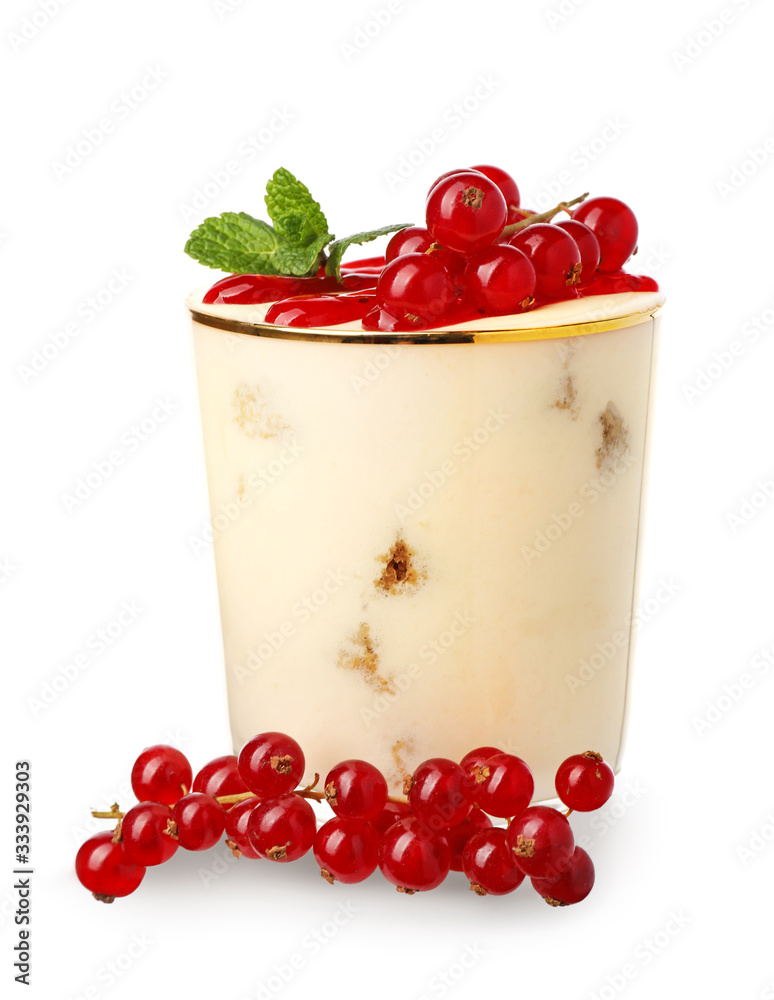 Tasty tiramisu with berries on white background