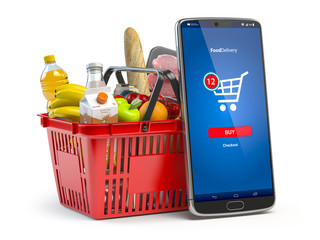 Aufkleber - Shopping basket with fresh food isolated on white. Grocery supermarket, food and eats online buying and delivery concept.