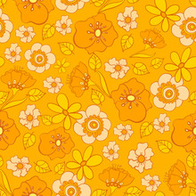 Seamless Pattern With Bright Flowers In The Style Of The 70s
