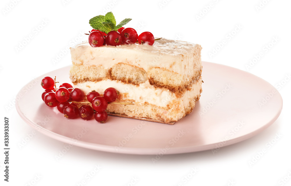 Plate with tasty tiramisu on white background