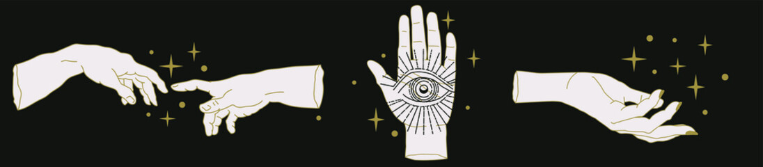 Aufkleber - The Hand of the Philosopher, Palm with The Eye of Providence. Set of vector illustrations for tattoo design or fashion print in simple line art style.