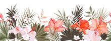 Hibiscus Botanic Seamless Horisontal Border Banner,  Exotic Flowers And Leaves, Vector Hand Drawn Background. Floral Realistic Pattern, Summer Arrangements With Tropical Leaf Nature..