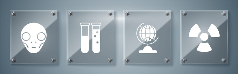 Sticker - Set Radioactive, Earth globe, Test tube and flask chemical laboratory and Extraterrestrial alien face. Square glass panels. Vector