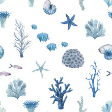 Beautiful Vector Seamless Pattern With Underwater Watercolor Sea Life. Stock Illustration.
