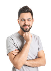 Wall Mural - Handsome man with healthy hair on white background