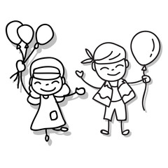 Wall Mural - Hand drawing happy people. Happiness kids concept. Cartoon character lineart matchstick style vector.