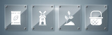 Set Shopping Basket, Sprout, Windmill And A Pack Full Of Seeds Of A Specific Plant. Square Glass Panels. Vector