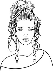 Hand-drawn portrait of young beautiful woman. Fashion illustration in sketch style. Vector