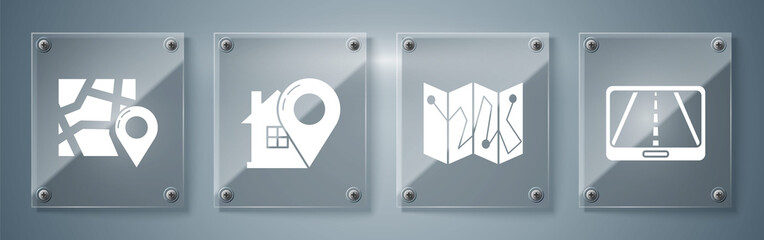 Canvas Print - Set Infographic of city map navigation, Folded map with location marker, Map pointer with house and Folded map with location marker. Square glass panels. Vector