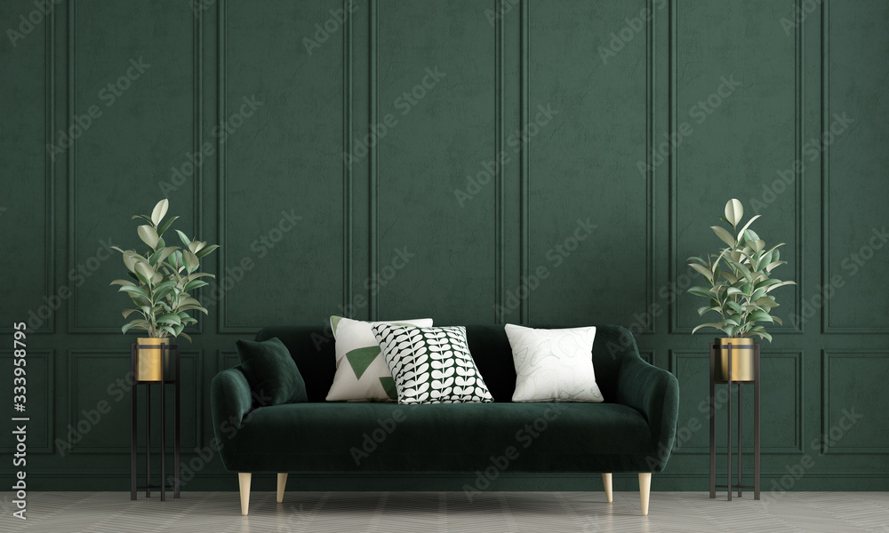 Modern loft living room interior design and green pattern wall background - obrazy, fototapety, plakaty 