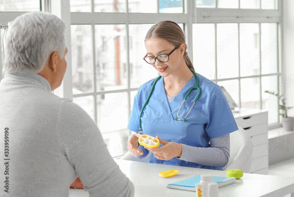 Doctor giving pills to patient in clinic