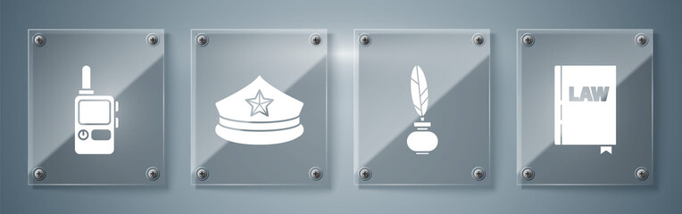 Sticker - Set Law book, Feather and inkwell, Police cap with cockade and Walkie talkie. Square glass panels. Vector