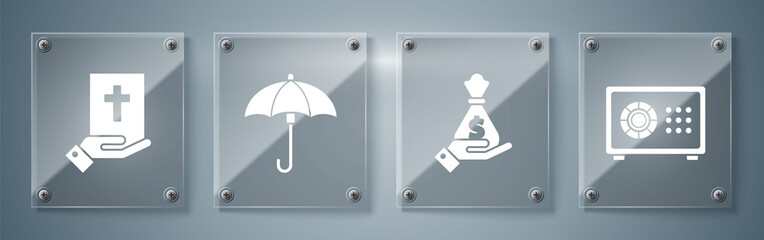 Sticker - Set Safe, Hand holding money bag, Umbrella and Oath on the Holy Bible. Square glass panels. Vector