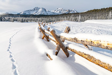 Idaho Winter Nature With A Pole Fence And Sawtooth Mountains