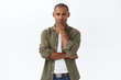 © Cookie Studio - Serious decision should be taken. Portrait of determined, confident smart african american man, touch chin and look focused camera, thinking, pondering important choice, white background