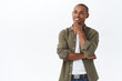 © Cookie Studio - Portrait of smart handsome african-american man, touch chin and smiling pleased as found excellent choice, pondering decision, thinking over white background, thoughtful face