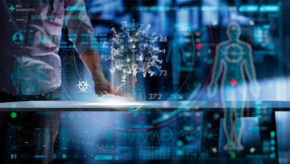 Medical science doctor working with modern computer in the laboratory with a biological AR for analysis and sampling of Covid-19 infectious disease.