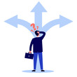 © Bro Vector - Adult person thinking about direction flat vector illustration. Man in formal suit having questions and choosing way for work. Three big arrows. Carrier and selection concept.