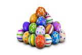 Fototapeta Panele - Pile or stack of Easter Eggs ready for the Hunt. Colorful, ornate and decorated Easter Eggs piled or stacked in pyramid shape isolated white background, cut out or cutout