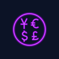 Poster - Neon icon of currency symbols in circle on black background. Currency exchange, bank, currency rate. Information signs concept. Can be used for application icons, web pictograms and signboards