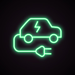 Green neon icon of charging station for electric car. Electric vehicle, car battery, ecological transport. Urban services concept. Can be used for signboards, posters, web design