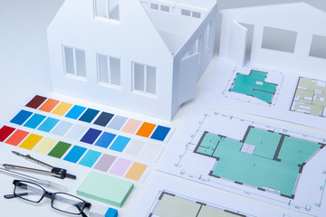 Poster - development of the concept of a new home. building plans, color palette and layout of the cottage on
