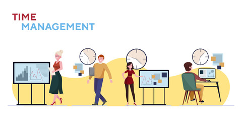 Poster - Time management set. Managers presenting reports, analyzing graphs near clock flat vector illustration. Office schedule, deadline concept for banner, website design or landing web page