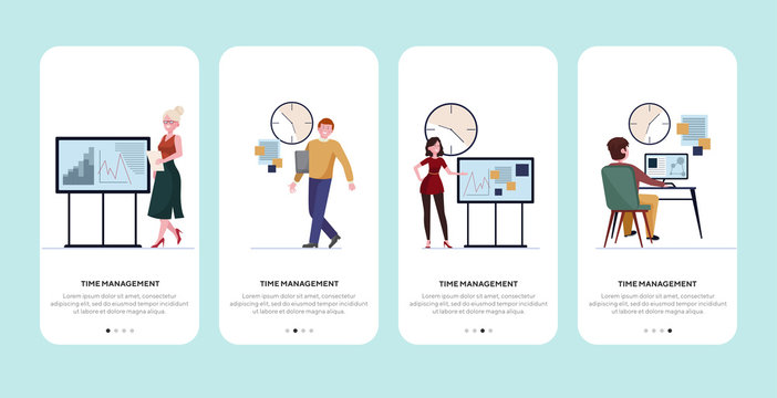 Time management set. Managers presenting reports, analyzing graphs near clock flat vector illustration. Office schedule, deadline concept for banner, website design or landing web page