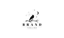 Vector Logo On Which An Abstract Image Of A Raven Sitting On A Branch Under The Moon.