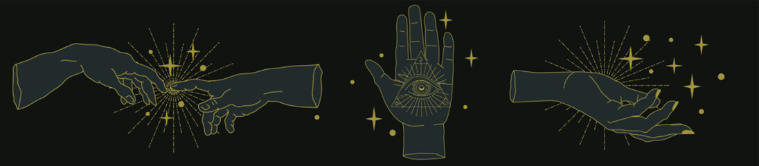 Poster - The Hand of the Philosopher, Palm with The Eye of Providence. Set of vector illustrations for tattoo design or fashion print in simple line art style.