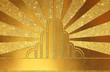 Glittery metallic gold or brass art deco graphic background with copy space. A representation of rays of light over a city 