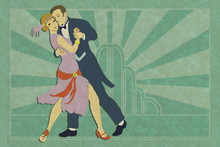 Illustration Of Vintage Look Art Deco Couple Dancing. Roaring Twenties, Thirties Dance Party. Girl Is In A Purple And Red Flapper Dress And The Man Is Wearing A Tuxedo. Apple Green Graphic Background.