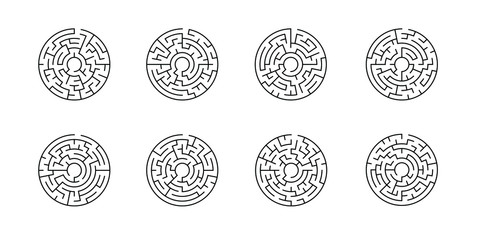 A set of 8 circular mazes 6 corridors wide, with no solution