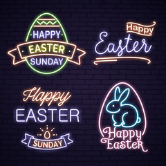 Wall Mural - Neon Happy Easter lettering with bunny in egg shape over brick background. Easter greeting card. Handwritten text calligraphy. Can be used for posters, leaflets, brochures