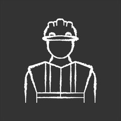 Poster - Worker in uniform chalk white icon on black background. Construction builder in hardhat. Safety helmet on male repairman. Professional foreman and engineer. Isolated vector chalkboard illustration