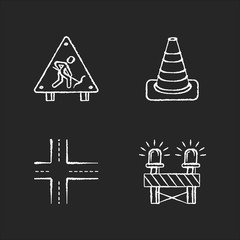 Poster - Road works chalk white icons set on black background. Construction ahead sign. Traffic cone. Crossroads, path intersection. Siren on barrier. Isolated vector chalkboard illustrations