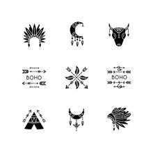 Native American Accessories Black Glyph Icons Set On White Space. Tribe Chief Hat And Teepee. Boho Dreamcatcher Amulets. Arrow And Feathers Charm. Silhouette Symbols. Vector Isolated Illustration