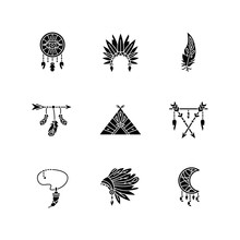 Native American Indian Accessories Black Glyph Icons Set On White Space. Tribe Chief Hat And Teepee. Necklace With Tooth, Arrow With Feathers. Silhouette Symbols. Vector Isolated Illustration
