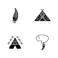 Native American Indian Accessories Black Glyph Icons Set On White Space. Tribe Chief Teepee. Necklace With Tooth, Eagle Feather. Wigwam With Ornaments. Silhouette Symbols. Vector Isolated Illustration