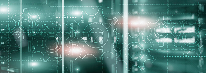 Wall Mural - gears on an elongated background. website header technology corporte wallpaper.