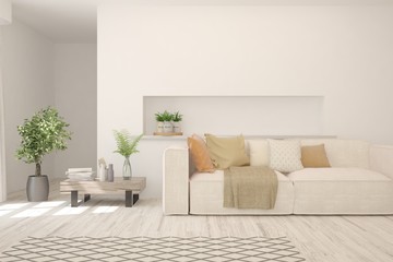 White living room with sofa. Scandinavian interior design. 3D illustration