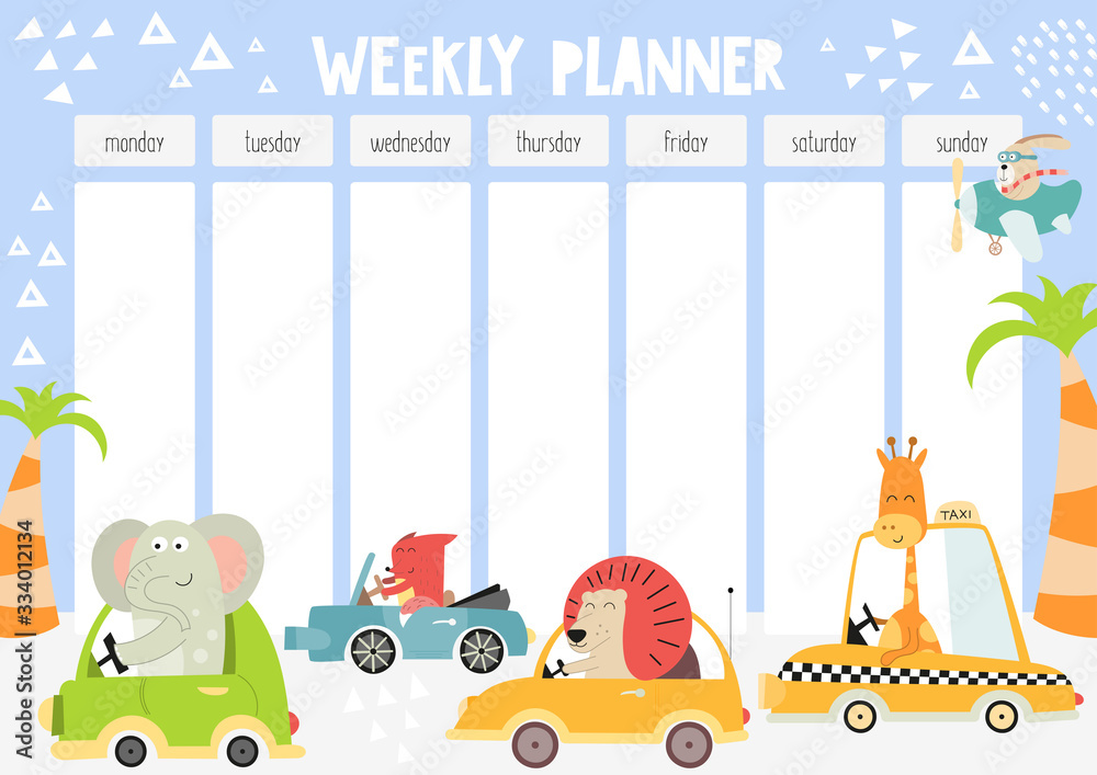 Stock-Vektorgrafik „Weekly planner with Kids transport set and cute ...