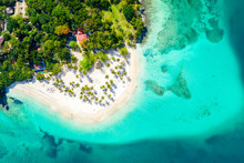 Aerial Drone View Of Beautiful Caribbean Tropical Island Cayo Levantado Beach With Palms. Bacardi Island, Dominican Republic. Vacation Background.