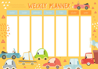 Weekly planner with Kids transport collection in doodle cartoon style. Kids schedule design template. Vector illustration.