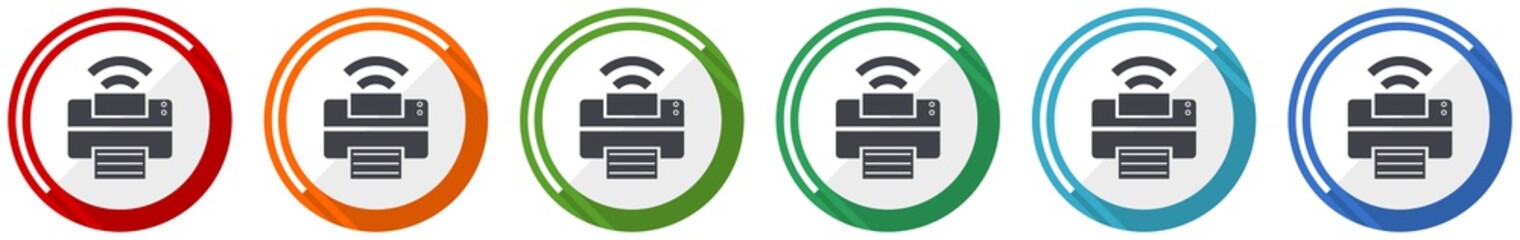 Aufkleber - Printer icon set, flat design vector illustration in 6 colors options for webdesign and mobile applications