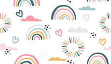 Seamless Vector Pattern With Hand Drawn Rainbows And Sun.