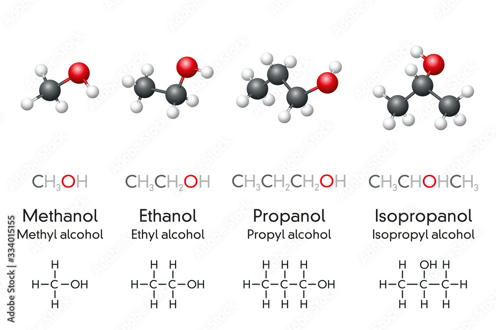 Vetor Methanol, ethanol, propanol and isopropanol, molecular models and ...