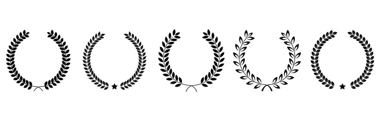 collection of different black and white silhouette circular laurel foliate and oak, wreaths depictin