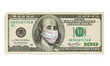 Coronavirus COVID-19 in USA. Quarantine and global recession. Ben Franklin in healthcare surgical mask on a one hundred dollar bill. Global economy hit by corona virus outbreak and pandemic.
